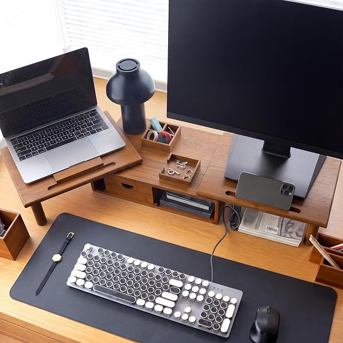 Dual Monitor Stand Riser with Drawer for Desk Laptop | Desk Shelf with Adjustable Length and Angle, Bamboo Computer Stand Riser for 2 or 3 Monitors Screen Laptop PC TV Brown - Image 4