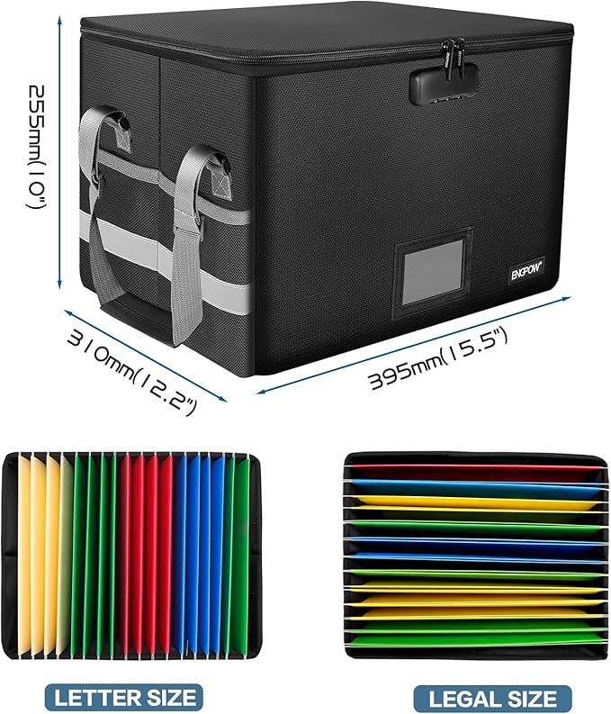 ENGPOW File Box with Lock,Fireproof Document Box with Zipper＆Pockets,Collapsible File Organizer Filing Storage Cabinet with Handle,Portable Home Office Safe for Hanging Letter/Legal Folder,Black - Image 5