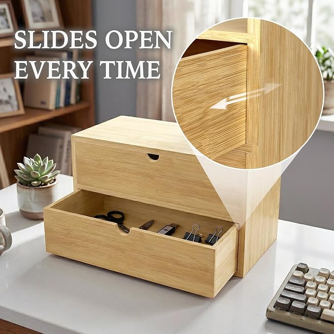 Bamboo Desk Organizer with 2 Drawers, Wood Storage Box for Office Supplies | Solid Tabletop Drawer Chest, 13.4 x 7.1 x 7.5 in, No Assembly - Fits Countertop, Vanity, Dorm and Small Spaces - Image 4