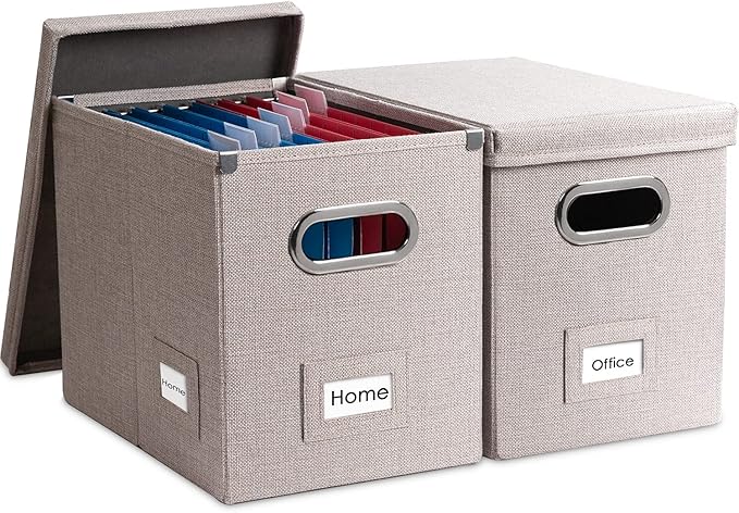 File Organizer Box - Set of 2 Collapsible Decorative Linen Filing Storage Hanging File Folders with Lids Office Cabinet Letter Size Light Grey (14x9.3x10.8 inch) by Prandom