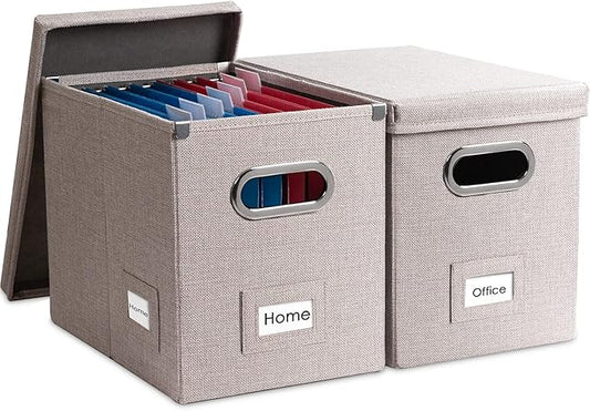 File Organizer Box - Set of 2 Collapsible Decorative Linen Filing Storage Hanging File Folders with Lids Office Cabinet Letter Size Light Grey (14x9.3x10.8 inch) by Prandom
