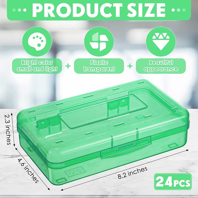 Fainne 24 Pack Pencil Boxes for School Clear Plastic Pencil Case Large Plastic Crayon Box Bulk Stackable Classroom Stationery Organizer School Supplies(Green) - Image 2