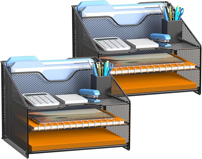 Samstar 2 Pack Mesh Desk File Organizer Letter Tray Holder, Desktop File Folder Holder with 3 Paper Trays and 2 Vertical Upright Section, Black by Samstar