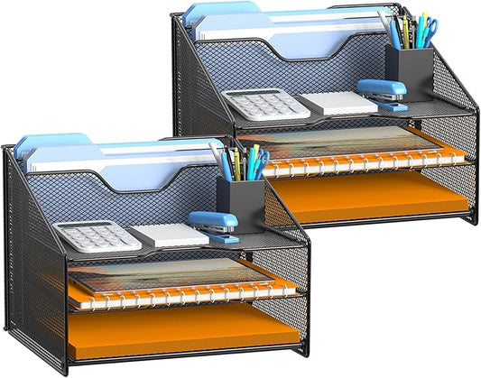 Samstar 2 Pack Mesh Desk File Organizer Letter Tray Holder, Desktop File Folder Holder with 3 Paper Trays and 2 Vertical Upright Section, Black by Samstar