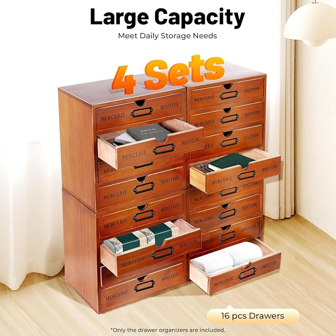 4 Pcs Vintage Wooden Drawer Organizer Set, 16-Drawer Desktop Storage Cabinet with Label Holders, Stackable Filing Box for Office, Home, Craft Supplies–Solid Pine Wood, No Assembly (Brown) - Image 4