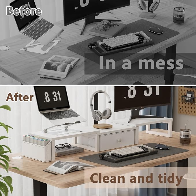 LAND·VOI Heavy Duty Dual Monitor Stand, Holds 2 Screens Up to 27 Inches, Adjustable Length and Angle Monitor Riser, Desk Organizer with Side Pockets and Drawers, Home Office Desk Storage, White - Image 5