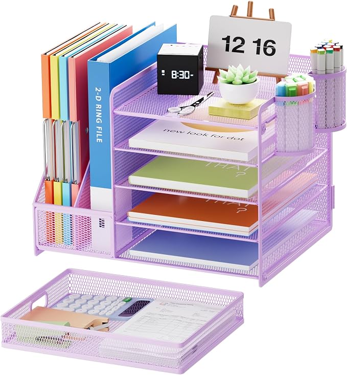 Marbrasse Desk Organizer with File Holder, 5-Tier Paper Letter Tray Organizer with Drawer and 2 Pen Holder, Mesh Desktop Organizer and Storage with Magazine Holder for Office Supplies(Purple) - Image 2