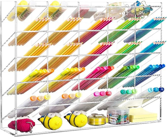 BEYGORM Acrylic Vertical Marker Organizer for 310 Markers, Desk Orgaizer | 26 Compartments Clear Angled Pen & Pencil Holder, Large Stationery & Art Supply Storage for School (14.9 x 12.4 x 4 Inch) by BEYGORM