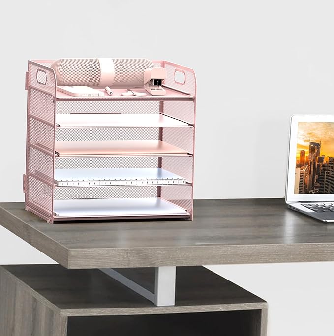 Sinboun Letter Tray Paper Organizer 5-Tier Desk Organizer File Organizer Paper Holder with Handle, Metal Desktop Document Shelf Tray Office Classroom Organization - Pink, PK5CENGTISHOU - Image 5