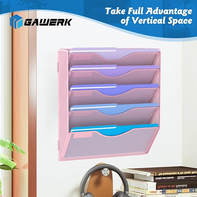 Gawerk 5 Tier Hanging Wall File Organizer, Mesh Mail Paper Orgnization Hanging File Folder Holder for Home Office, Pink - Image 4