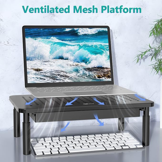 WALI Computer Monitor Stand with Storage, Desk Monitor Riser 3 Height Adjustable, Laptop Riser with Airflow Vents, Desk Organizer for Computer, Laptop, Printer, Notebook (STT003D-B), 1 Pack, Black - Image 5