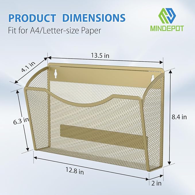 MINDEPOT Magnetic Wall File Organizer, Hanging File Holder, 3 Pack, Gold | Heavy Duty Iron, Powerful Magnet, Metal Mesh Wall Mount, Single Pocket, for Office School Classroom Home, Letter A4 Size - Image 2