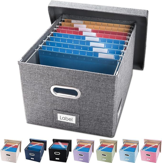 File Organizer Box - Set of 1 Collapsible Decorative Linen Filing Storage Hanging File Folders with Lids Office Cabinet Letter/Legal Size Grey (17x14x11.2 inch) by Prandom