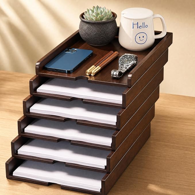 Solid Wood Letter Tray, 6-Tier Pull-Out Paper File & Desk Organizer, Walnut | Stackable Wooden Paper Organizer for A4, Mail & Folders, 5-in-1 Desktop Storage with Tablet Phone Stand for Home Office - Image 8