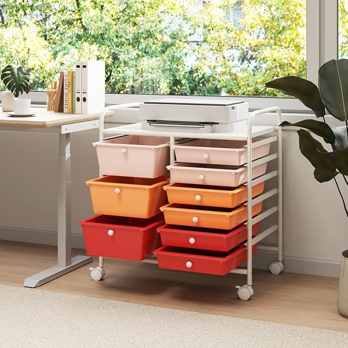 Moccha 9-Drawer Rolling Storage Cart - Under Desk Storage Drawers with wheels for Craft Art Supply Paper Salon, Scrapbook Paper Tools, Mobile Utility Cart for Classroom, Macaron - Image 8