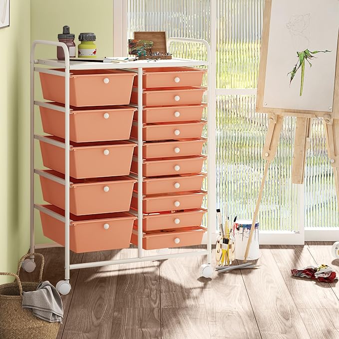 Moccha 15-Drawer Rolling Storage Cart - Under Desk Storage Drawers with wheels for Craft Art Supply Paper Salon, Scrapbook Paper Tools, Mobile Utility Cart for Classroom (15 Drawers, Peach) - Image 5