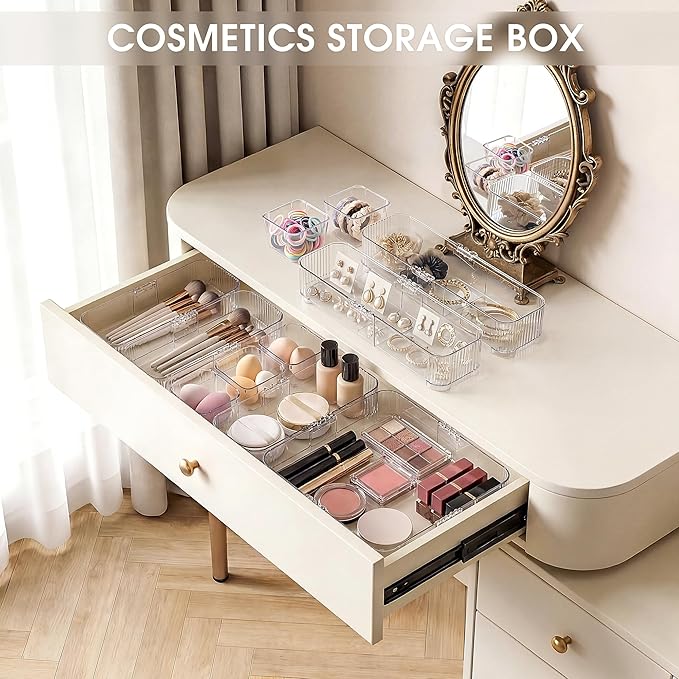Aneco 14 Pieces Extendable Clear Drawer Organizer Adjustable Vanity Storage Box 4-Size Desk Drawer Divider Acrylic Storage Bins for Makeup, Cosmetic, Jewelries, Bedroom Kitchen Utensils Gadgets - Image 5