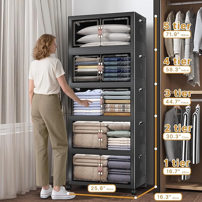 Stackable Storage Bins with Lids, 600QT Closet Organizers and Storage Cabinet with Doors & Wheels, Lockable Plastic Foldable Drawers for Bedroom Dorm Office Garage（120QT*5,Black） - Image 2