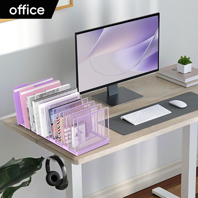 9-Section Desk File Organizer, Vertical File Holder, Mesh Desktop File Folder Metal File Organizer Stand for Office Home Classroom, Purple - Image 8