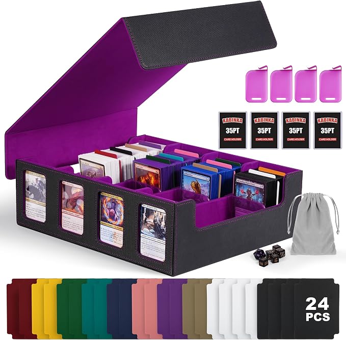 Trading Card Storage Box with Commander Display , 4-Row Deck Case with Removable Lid; 2400+ Card Deck Box for MTG TCG Sports Card, 4 Top Loaders, 4 Stoppers, 24 Dividers,1 Dice Bag (Black Purple) by Kabinka