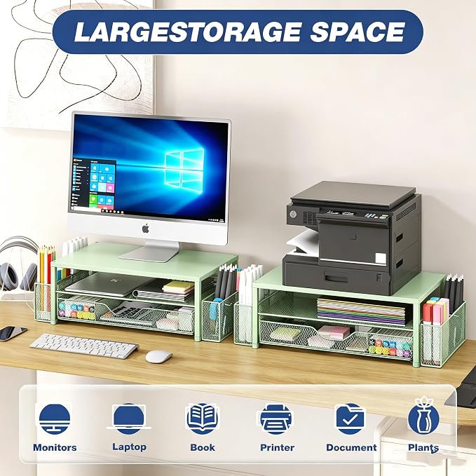 Desk Organizers and Accessories, Computer Monitor Stand Riser with Drawer and 2 Pen Holders, Printer & Laptop Stand, Office Desk Accessories & Workspace Organizers for Home Office Supplies, Green - Image 5