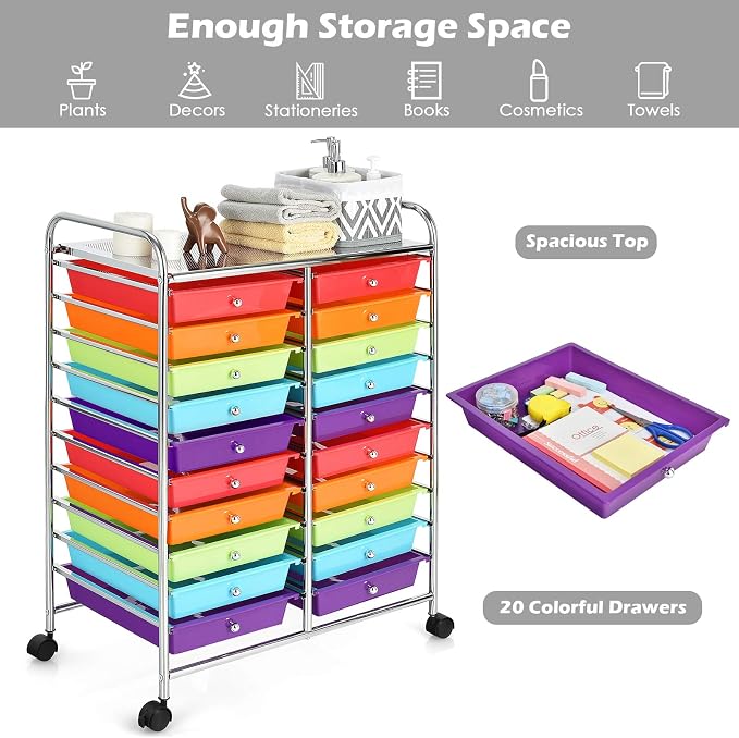 Giantex 20-Drawer Storage Drawer Cart, Rolling Organizer Cart for Office School Tools Scrapbook Paper, Utility Rack on Wheels (Multicolor) - Image 5