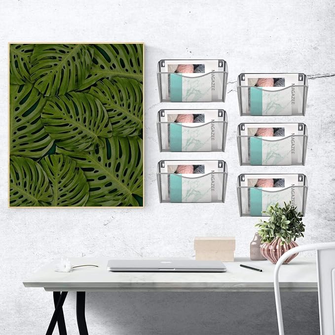 6 Single Pocket Mesh Hanging File Organizer, Vertical Wall Mounted Magazine File Holder, Mount Basket Mail Paper Document Folder Organizing for Office, Home and School, Silver - Image 6