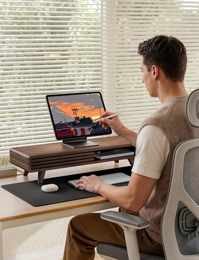 Tinamo 24" Wooden Monitor Stand Riser with Storage Organizer, Walnut Color | Acacia Wood, Sliding Door, Cable Management, Fits up to 32" Monitors, Multi-purpose Storage, Used for Computer, Laptop, TV - Image 6