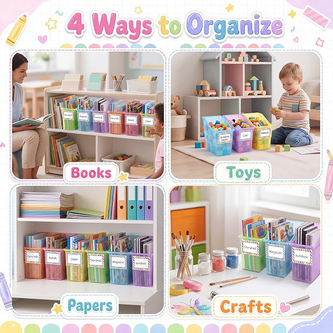Blosssound 12 Set Book Bins for Classroom with Label Sticker Book Box Baskets Plastic Stackable Organizing Bins Storage & Organization for Classroom Library Home School Supplies (Translucent Pastel) - Image 4