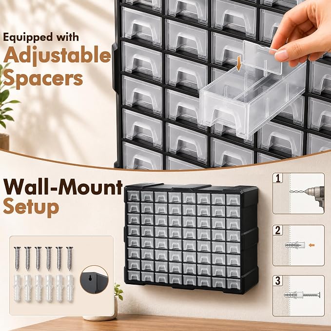 64-Drawer Organizer for Garage Building Bricks Storage, Drawer Storage Cabinet with Dividers and Labels for Hardware,Screws,Nuts Bolts, Garage Tools,Charms,Beads,Craft,Scrapbook - Image 8