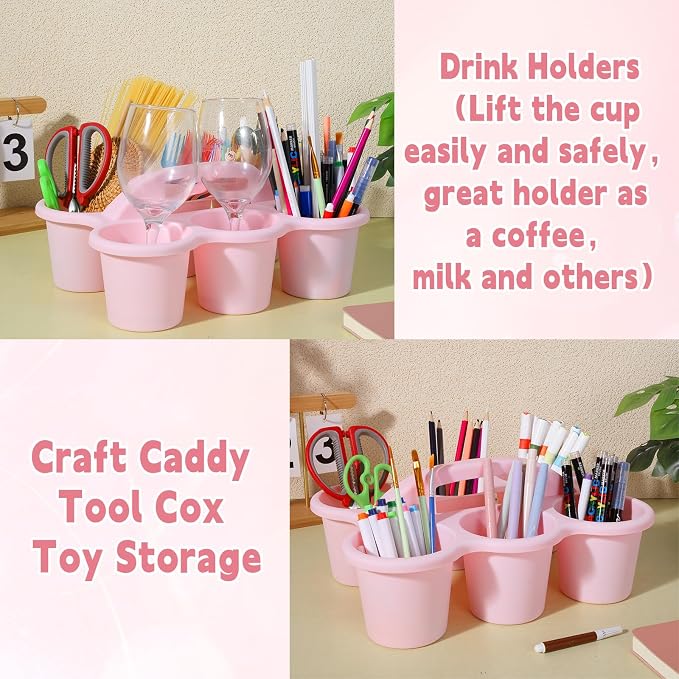 6 Pack Classroom Caddy with Handle Plastic Storage Caddy Organizer with 6 Compartments Drink Cup Caddies Holder Portable Storage Bin for Pencil, Crayon, Marker, Home, Office, School Supplies(Pink) - Image 5