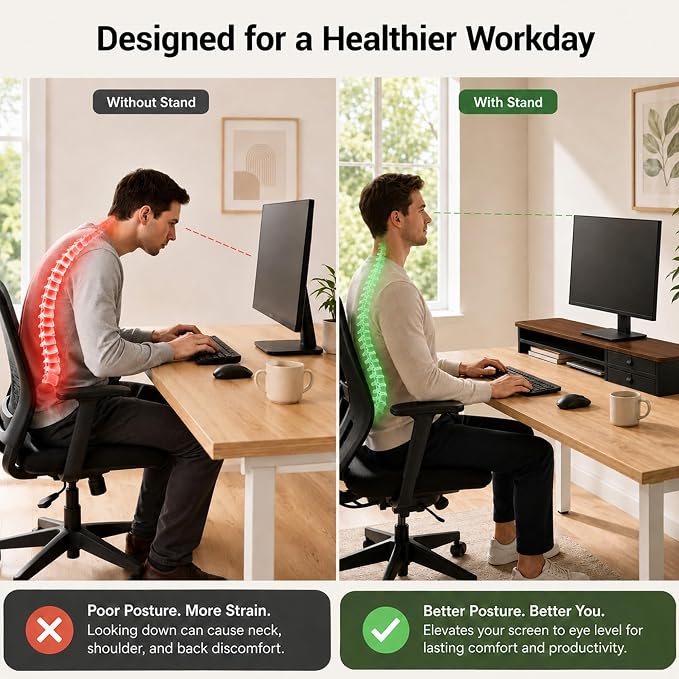 Dual Monitor Stand, 42.5 Inch Wood Monitor Riser with Drawers, 2 Tier Desktop Organizer for Computer Laptop TV, Large Screen Stand for Home Office Desk - Image 4