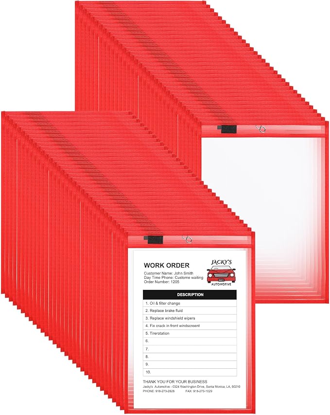 Nezyo Dry Erase Pockets Plastic Job Ticket Holders Shop Holder Order Pockets Clear Sleeves Tickets Folders Plastic Sleeves Paper Teacher Supplies for Classroom(10 x 14 in,Red,100 Pcs) by Nezyo