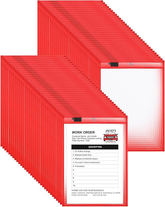 Nezyo Dry Erase Pockets Plastic Job Ticket Holders Shop Holder Order Pockets Clear Sleeves Tickets Folders Plastic Sleeves Paper Teacher Supplies for Classroom(10 x 14 in,Red,100 Pcs) by Nezyo