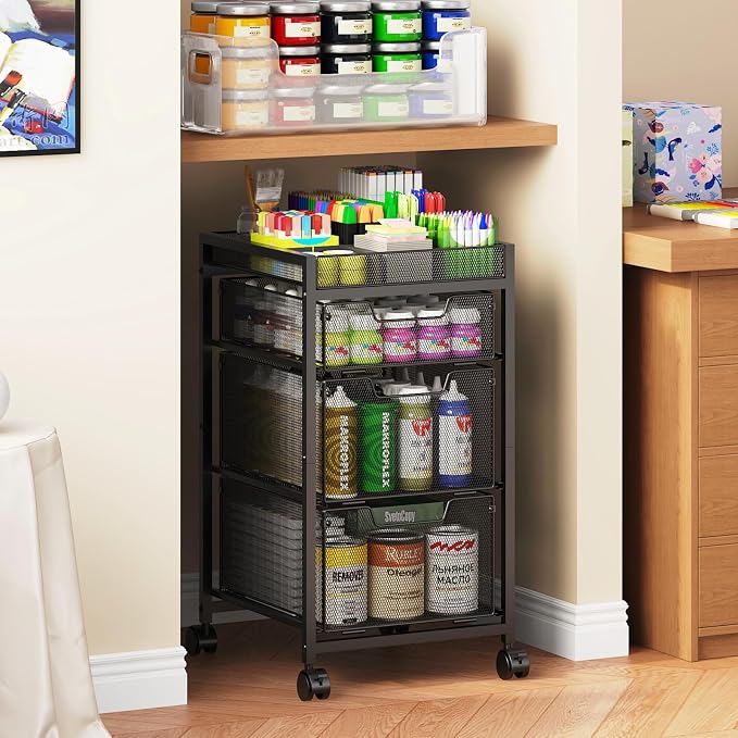 Rolling Utility Cart with 3 Drawers, Craft Organizer and Storage with DIY Divider, Lockable Wheels, Multi-Functional Storage for Art Supplies, Store for Brushes & Paints & Small Parts(Patent Pending) - Image 6