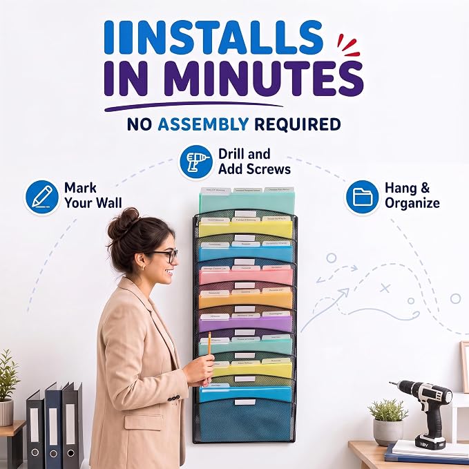 Ultimate Office Mesh Hanging Wall File Organizer, 10 Tier + 18 PocketFiles | Vertical mount hanging file sorter and display rack; includes 18 3rd-cut PocketFile clear document folders - Image 9