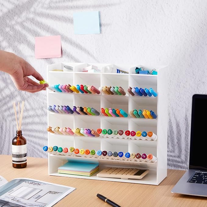 MotiMind Acrylic Pen Organizer Storage for 250 Markers Vertical Marker Organizer Acrylic Pen Display Holder for Office Desk Desktop Stationery Pencil Storage, White, 13 x 4 x 12.4 Inch - Image 4
