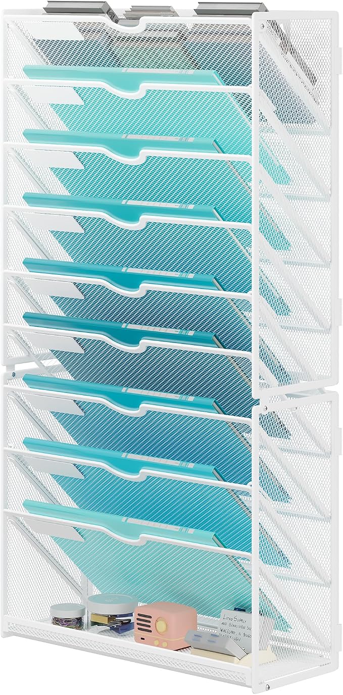 Lavatino 10-Tier Hanging Wall File Folders Organizer - White Metal Mesh Paper Magazine Document Mail Holder File Organizer for Office School Home Wall Mount or Desk Supplies Organization by Lavatino