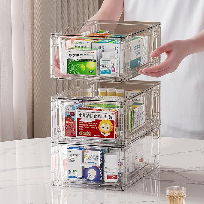 clear Drawer-Type Plastic Storage Box Bins Organizer，Family First Aid Kits Medicine cabinet Box Organizer,Closet ，Shelf，Ointments, Adhesive Bandages，Cosmetics,Office Items (clear, ZZ6L) - Image 3