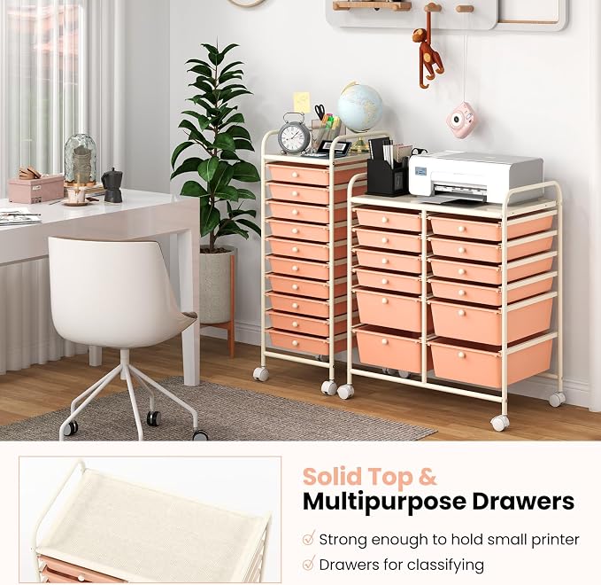 Moccha 12-Drawer Rolling Storage Cart - Utility Cart on Wheels with Lockable Casters for Craft Art Supply Paper Salon, Mobile Drawer Carts for Classroom Teacher School Office (Peach) - Image 6