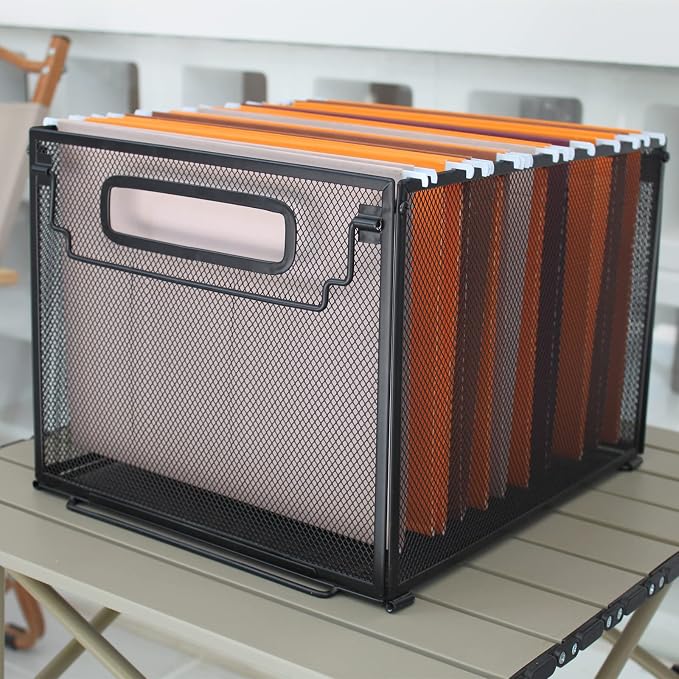 SETTFRFE 2 Pack File Organizer,Metal File Crates for Hanging Folders,Black | Mesh Letter Size Hanging Folder Organizer & Filing Crate with Handle,Stackable Rack for Office Supplies,Classroom & Home - Image 2