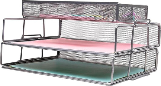 Exerz Layer of 2 Wired Mesh Paper Sorter Plus an Accessory Tray/Desk Organiser/Detachable File Holder, with Extra Divider/Memo Holder On Top – Office, School, Study Multifunctional Essential. | Two Tier A4 File Storage With Divided Accessory Sections F... by Exerz