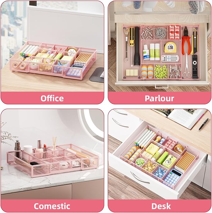 Marbrasse Expandable Desk Drawer Organizer, Mesh Tray with 10 Adjustable Compartments, Desk Organizers for Office Supplies, Makeup & Vanity (Expandable-Pink) - Image 4