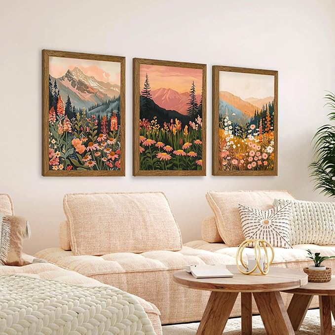 InspiredHues Large Colorful Landscape Boho Canvas Wall Art Set, 3 Piece Wildflower Mountain Wall Decor, Vintage Floral Rustic Nature Artwork Prints for Living Room Bedroom Office 20x30 In Wood Framed