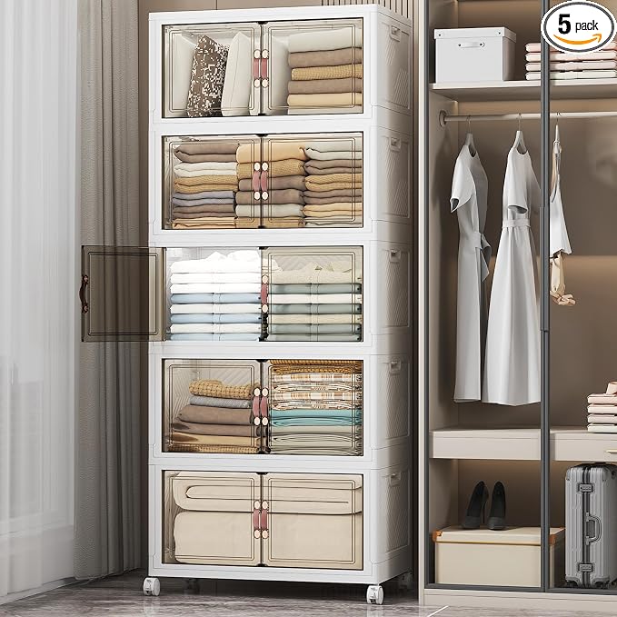 Stackable Storage Bins, 560QT Collapsible Drawers with 1 Lid | Large Capacity, Magnetic Door, Stack Lock, Rolling Wheels, Foldable Design, Organizers and Storage for Bedroom Dorm Garage by UAMFURIDirect