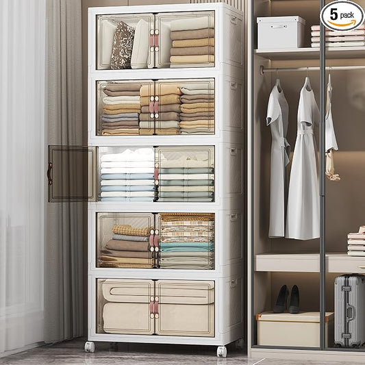 Stackable Storage Bins, 560QT Collapsible Drawers with 1 Lid | Large Capacity, Magnetic Door, Stack Lock, Rolling Wheels, Foldable Design, Organizers and Storage for Bedroom Dorm Garage by UAMFURIDirect