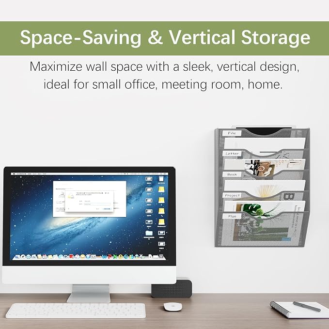 EasyPAG Wall File Organizer 5 Tier Hanging Paper Folder Holder, Zero Assembly Metal Mesh Wall Mounted Mail Organizer for Office Home Classroom Narrow Spaces, Silver - Image 2