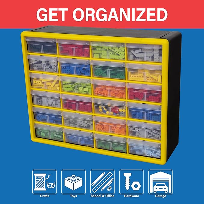 Akro-Mils 24-Drawer Plastic Storage Cabinet, 20"W x 6"D x 16"H, Yellow | Plastic Cabinet w/ Drawers for Garage Organization, Beads, Building Bricks Storage, Teacher Toolbox, Makeup Organizer, 10124 - Image 4