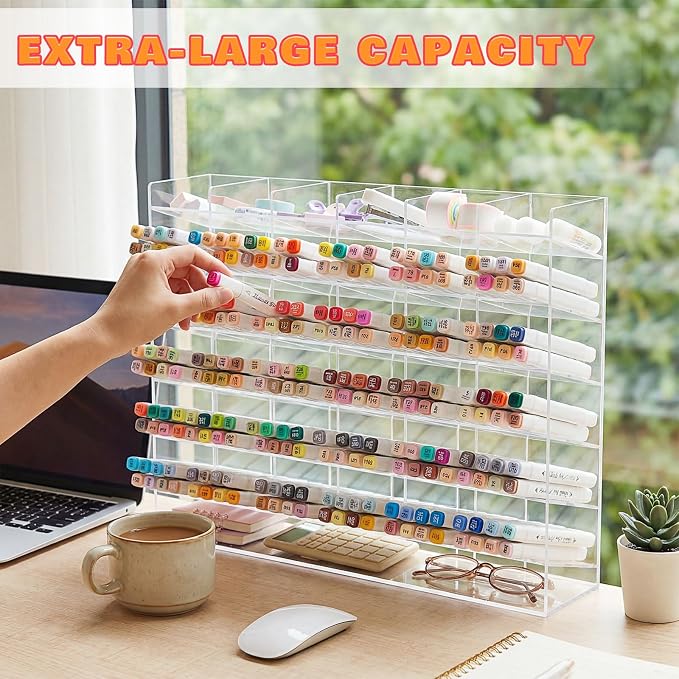 MotiMind Acrylic Pen Organizer Storage for 420 Markers Vertical Marker Organizer Acrylic Pen Display Holder for Office Desk Desktop Stationery Pencil Storage, Clear, 18 x 4 x 14.5 Inch - Image 4