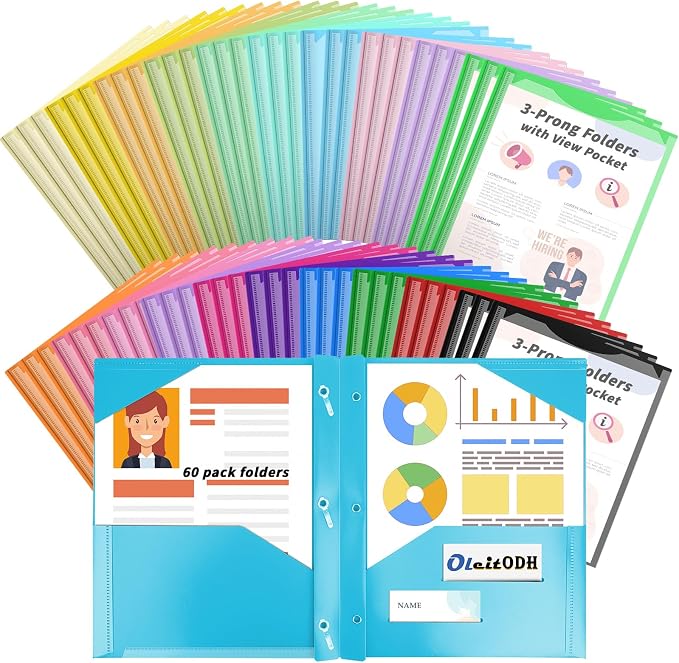 Oleitodh Plastic Folders with Pockets - 60 Pack 20 Colors & 2 Pocket Folder Bulk with 2 Business Card Slots, Heavy Duty File Folders for School Home Office and Business - Image 9